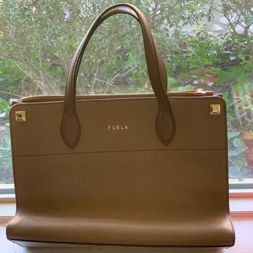 Furla Brown Leather Satchel Tote w/ Orange Sides